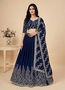 Blue Georgette Embroidered Sequins Umbrella Lehenga