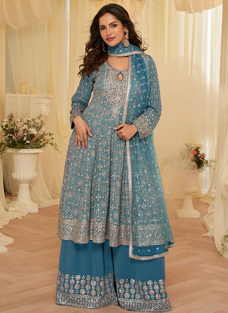 Blue Georgette Embroidered Sequins With Beads Work Anarkali Suit Festive Wear