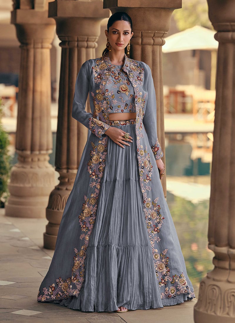 Blue Georgette Embroidered Sequins With Beads Work Indowestern Jacket Lehenga Set Wedding Wear-IWSUSCC49045532C