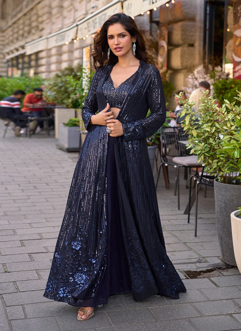 Blue Georgette Embroidered Sequins With Stone Work Indowestern Jacket Palazzo Set Wedding Wear