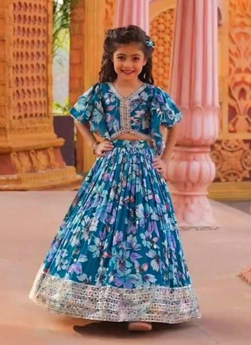 Blue Georgette Embroidery Digital Print Lehenga For Kids Girls  Festive Wear