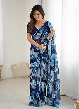 Blue Georgette Floral Print Saree After Six Wear