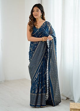 Blue Georgette Foil Print Saree After Six Wear