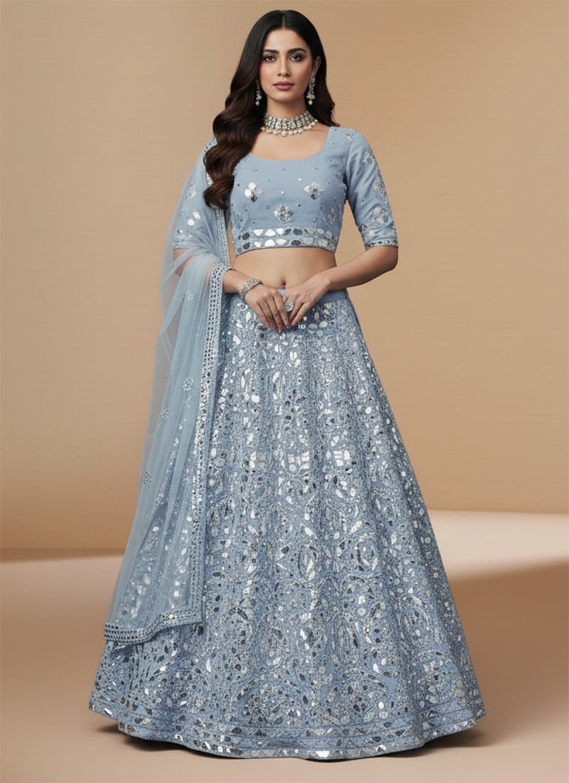 Blue Georgette Gota Embroidered Umbrella Lehenga Wedding Wear