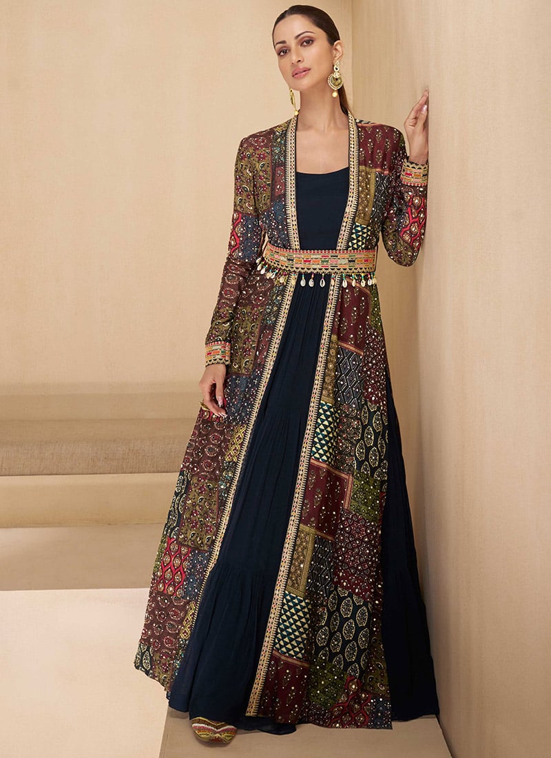 Blue Georgette Gown Embossed Embroidered Sequins And Stones