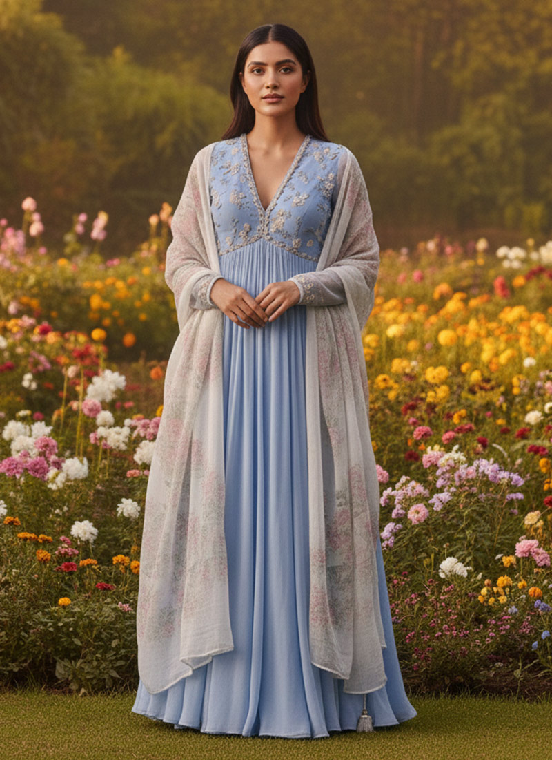 Blue Georgette Hand Embroidered Anarkali Suit  Festive Wear