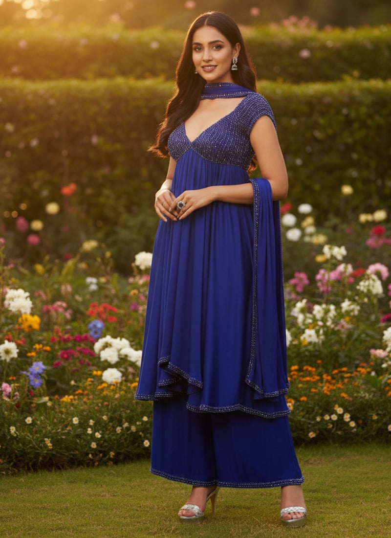 Blue Georgette Hand Embroidered Bead Work Palazzo Suit  Festive Wear