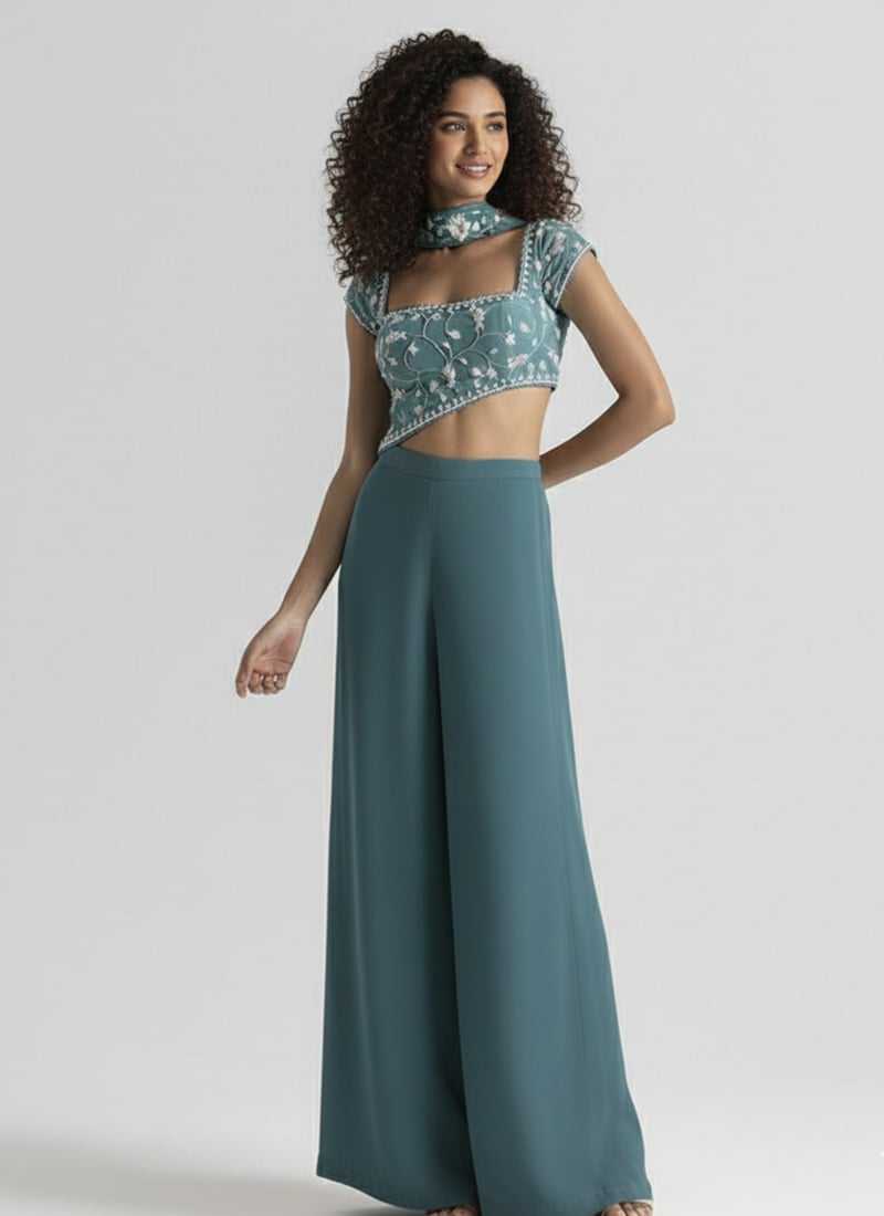 Blue Georgette Hand Embroidered Beads Sequins Indowestern Palazzo Set After Six Wear