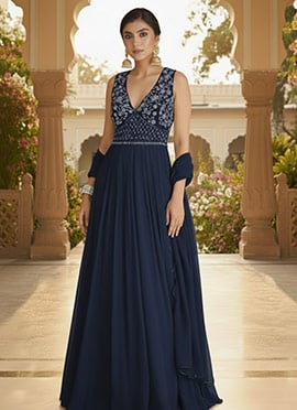 Blue Georgette Hand Embroidered Beads Work Anarkali Suit