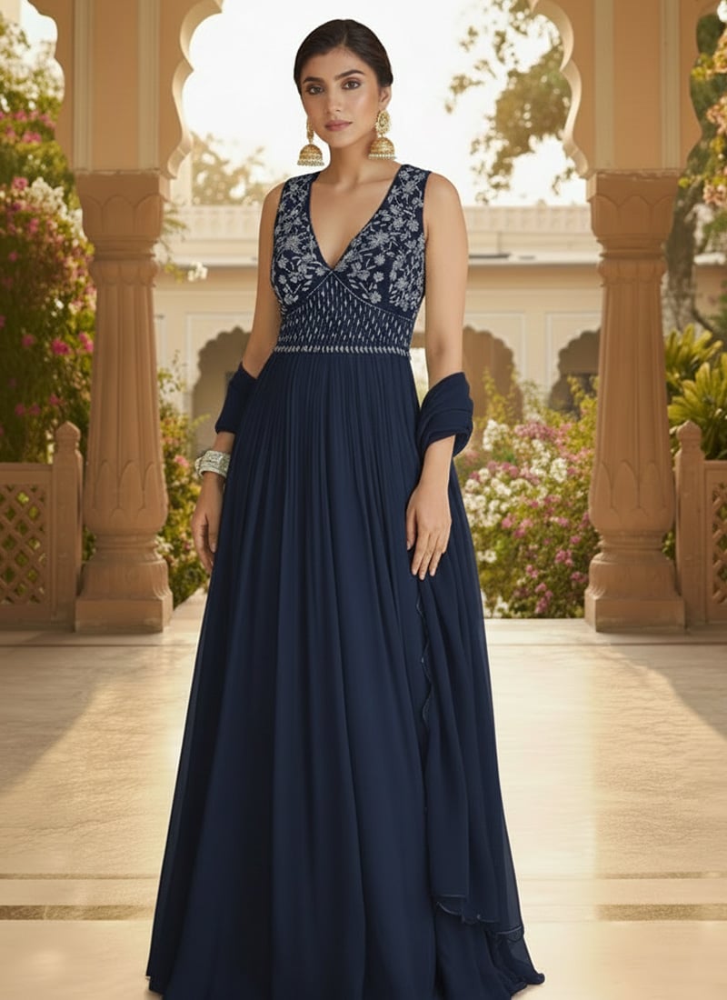 Blue Georgette Hand Embroidered Beads Work Anarkali Suit Festive Wear