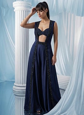 Blue Georgette Hand Embroidered Indowestern Jacket Palazzo Set