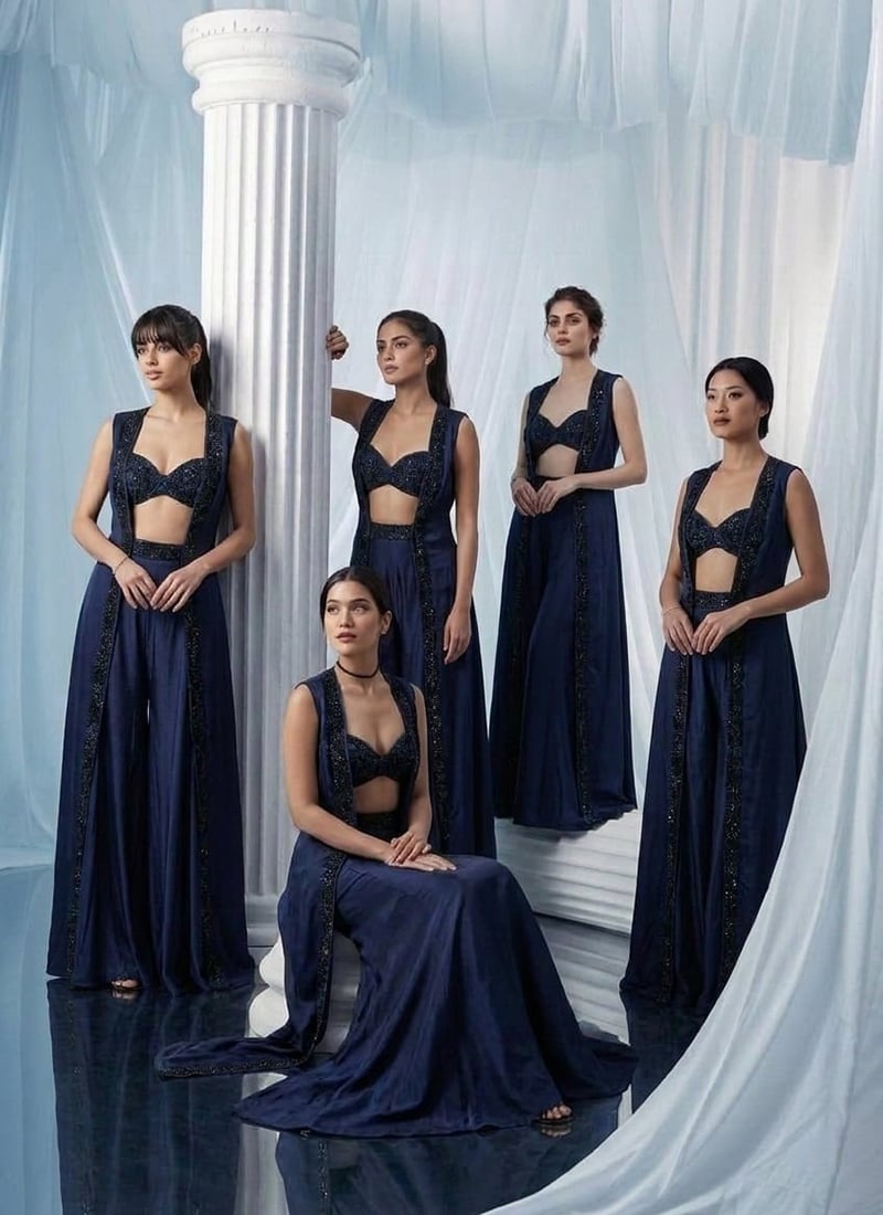 Blue Georgette Hand Embroidered Indowestern Jacket Palazzo Set Wedding Wear