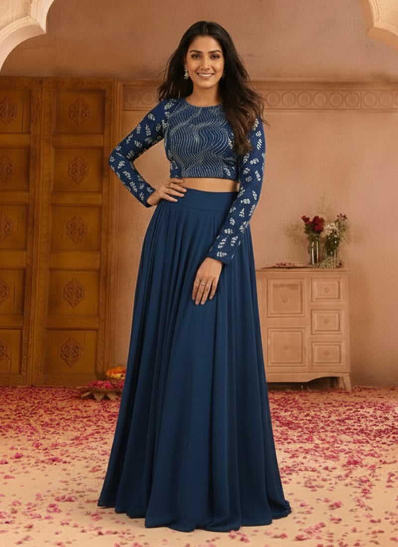 Blue Georgette Hand Embroidered Lehenga