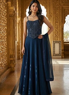 Blue Georgette Hand Embroidered Lehenga