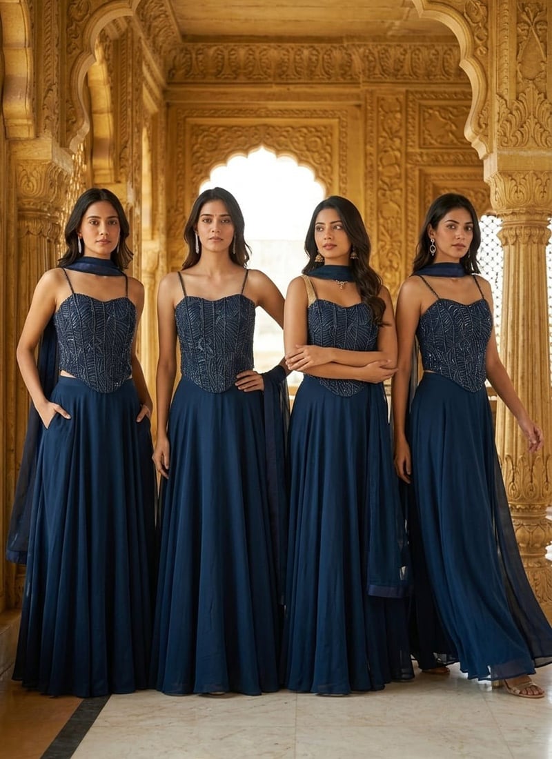 Blue Georgette Hand Embroidered Lehenga Wedding Wear