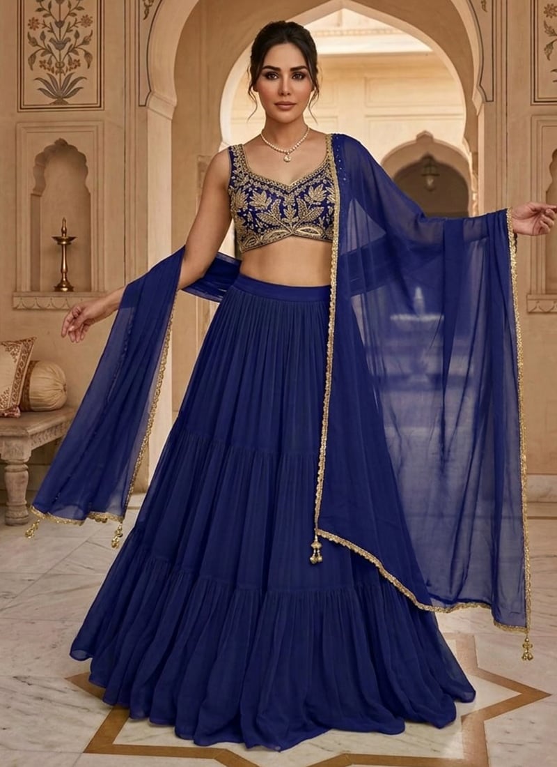 Blue Georgette Hand Embroidered Sequins Lehenga Wedding Wear