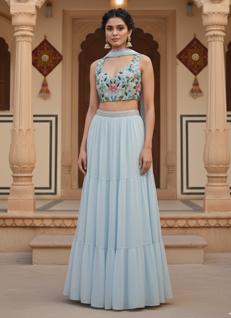 Blue Georgette Hand Embroidered Sequins Lehenga Wedding Wear