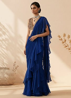Blue Georgette Hand Embroidered Sequins Pre Draped Saree