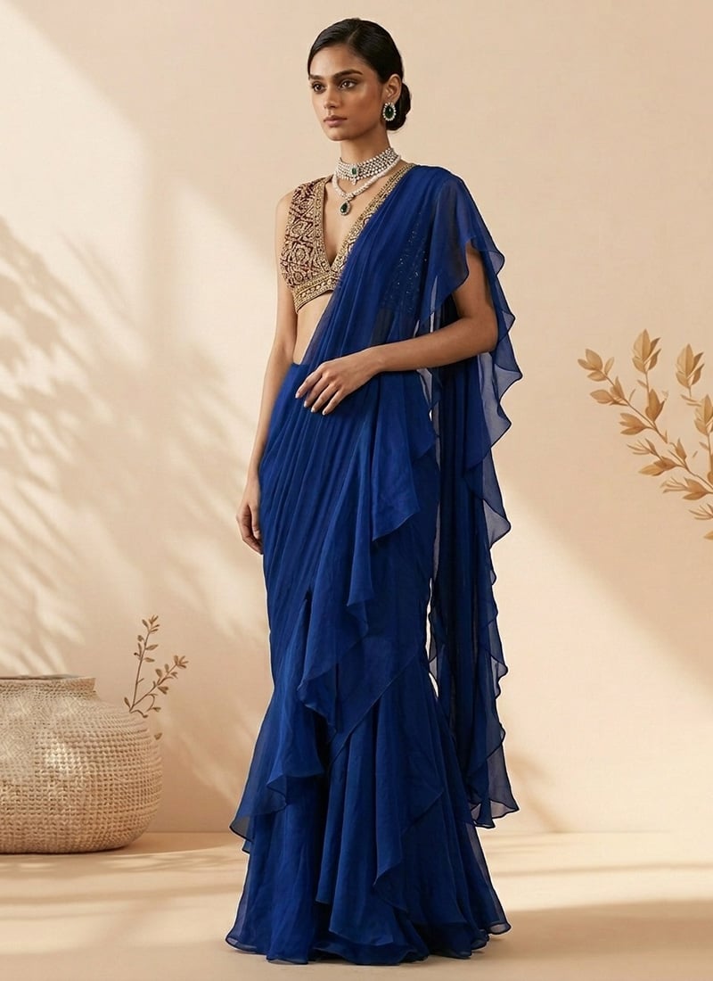 Blue Georgette Hand Embroidered Sequins Pre Draped Saree Wedding Wear