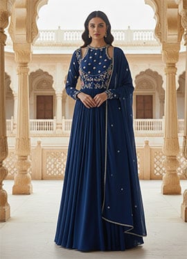 Blue Georgette Hand Embroidered Stone And Beads Work A Line Anarkali Suit