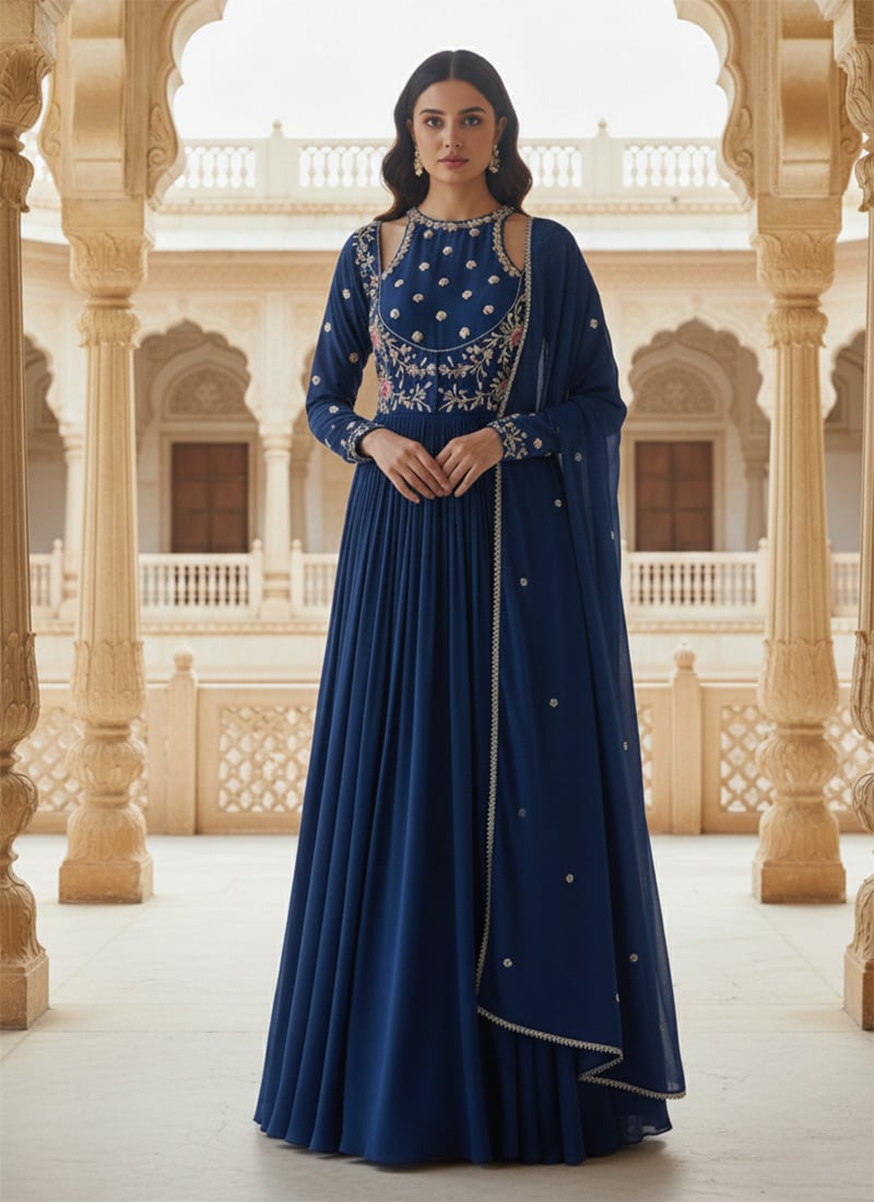 Blue Georgette Hand Embroidered Stone And Beads Work A Line Anarkali Suit Wedding Wear