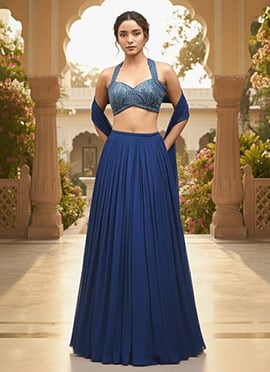 Blue Georgette Hand Embroidered With Beads And Stone Work Lehenga