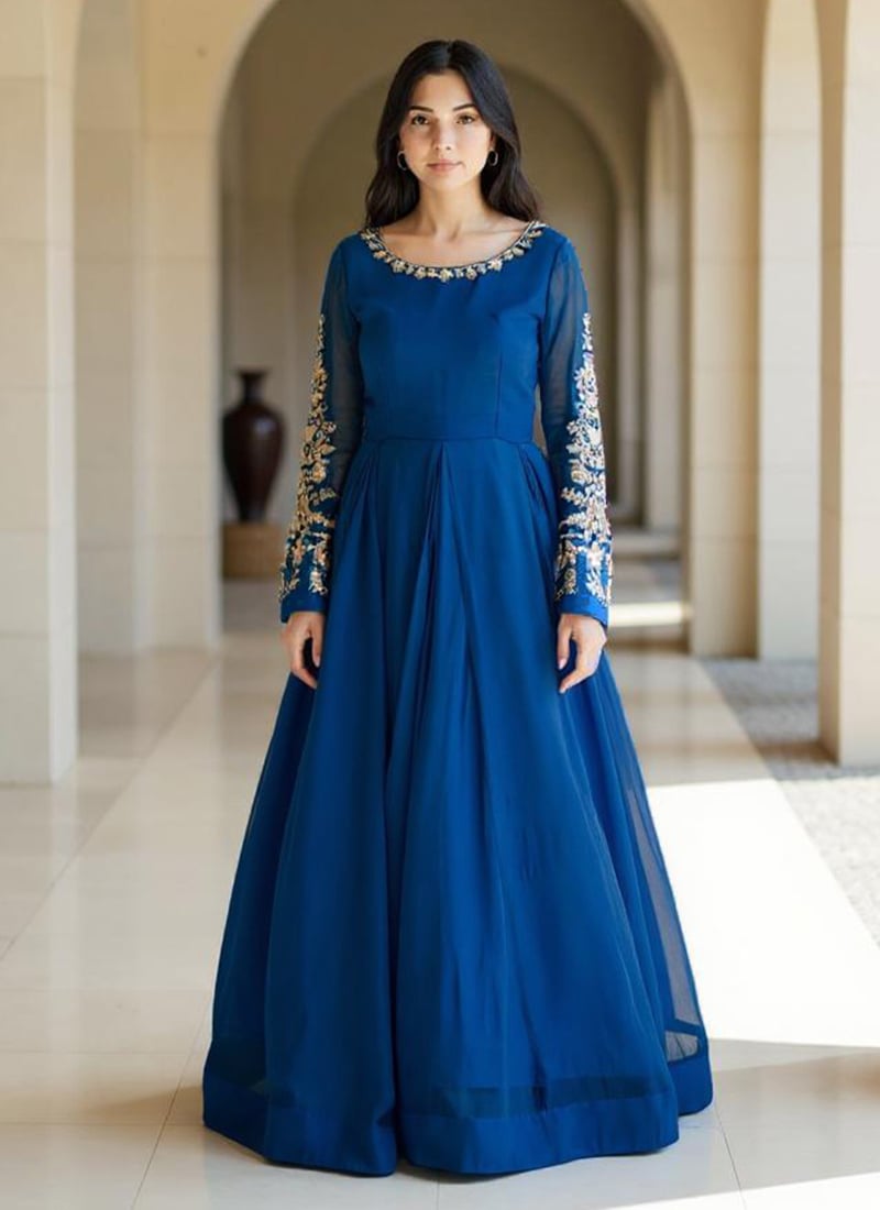 Blue Georgette Hand Embroidered With Moti Work A Line Anarkali Suit
