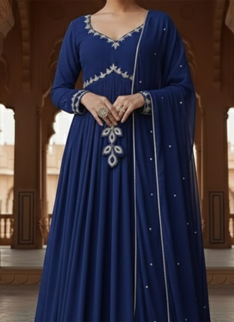 Blue Ombre Georgette Anarkali With Cutdana Neck And Zari Dupatta main image 1