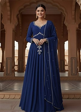 Blue Georgette Hand Embroidered Zari Stones A Line Anarkali Suit