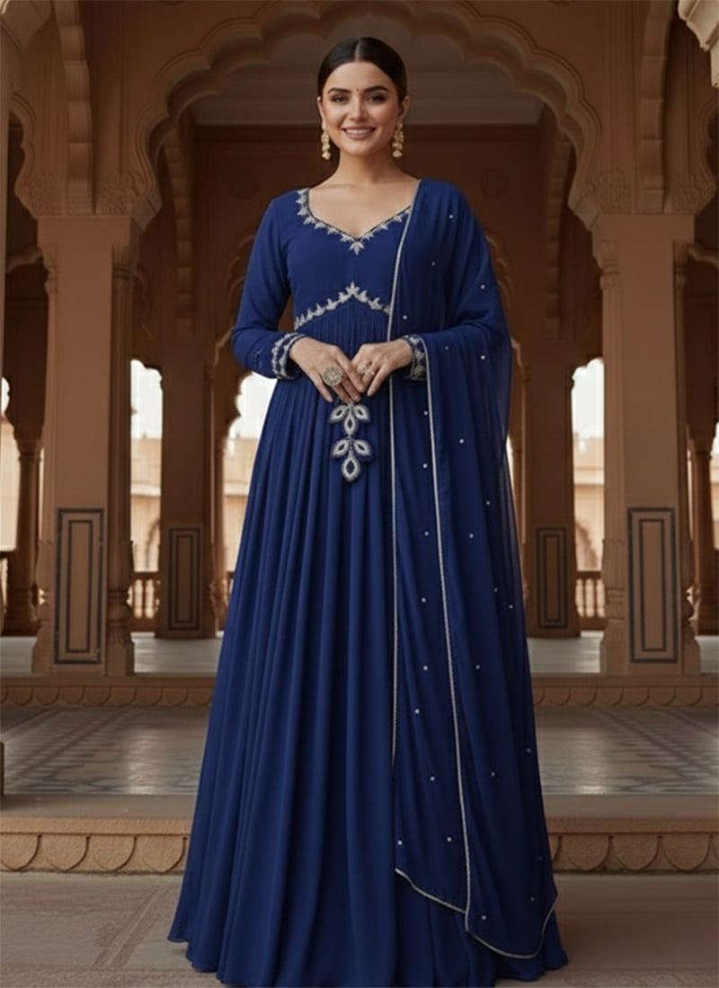 Blue Georgette Hand Embroidered Zari Stones A Line Anarkali Suit Wedding Wear