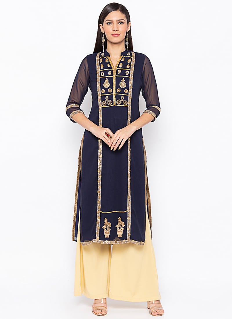 Blue Georgette Knee Length Kurti Party Wear