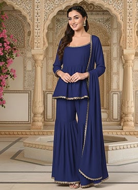 Blue Georgette Lace Work Sharara Suit
