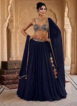 Blue Georgette Mirror Work Hand Embroidered Cut Dana Lehenga