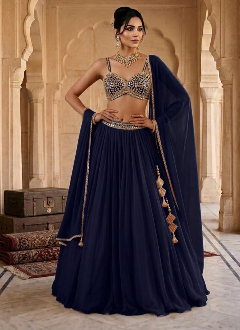 Blue Georgette Mirror Work Hand Embroidered Cut Dana Lehenga Wedding Wear