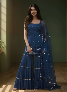 Blue Georgette Mirror Work Hand Embroidered Sharara Suit