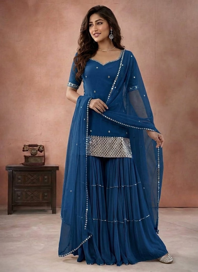 Blue Georgette Mirror Work With Zari Embroidered Palazzo Suit Festive Wear