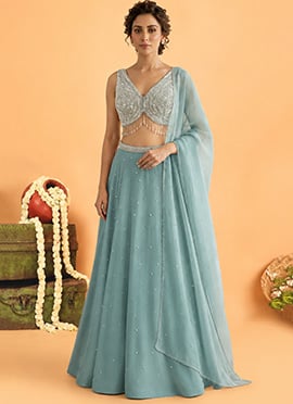 Blue Georgette Poth Cutdana Sequins Hand Embroidery Lehenga