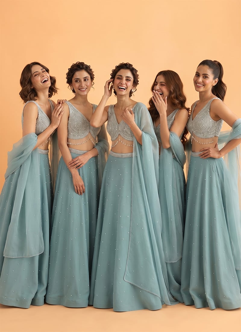 Blue Georgette Poth Cutdana Sequins Hand Embroidery Lehenga Wedding Wear