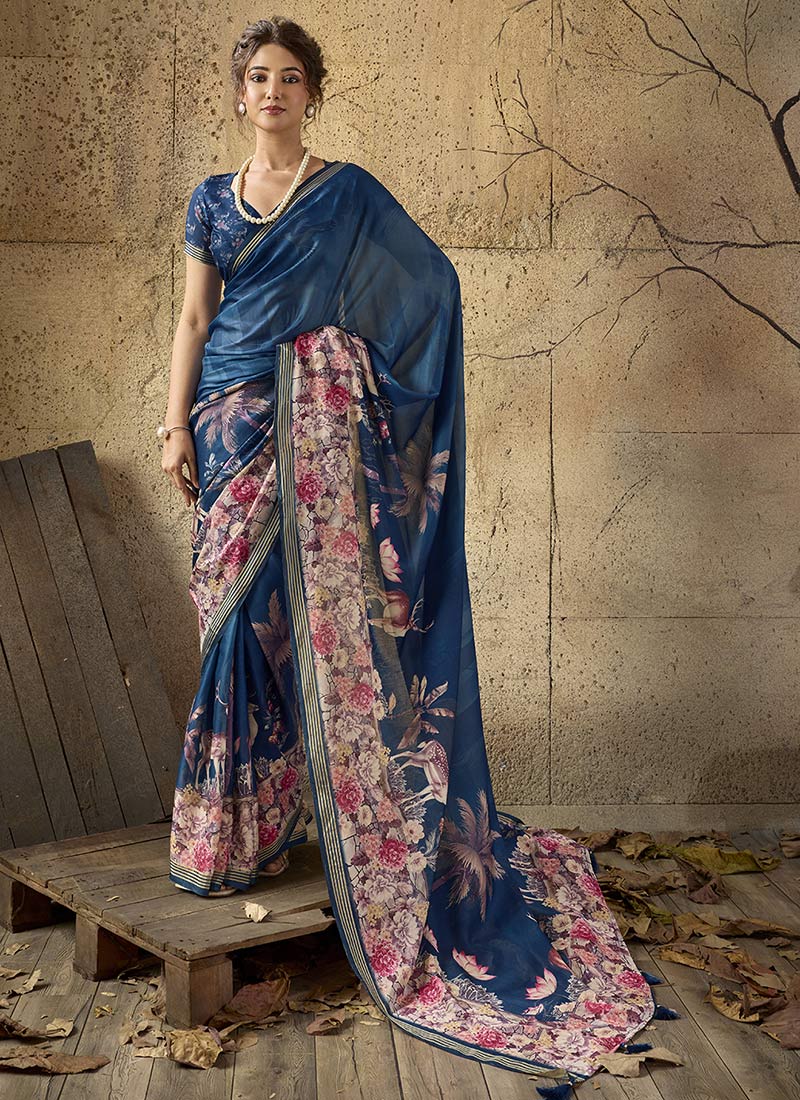 Blue Georgette Printed Saree Leisure Wear