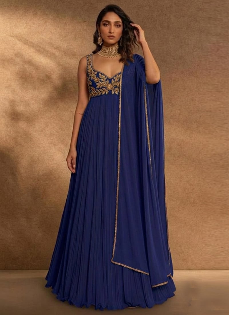 Blue Georgette Resham Beads Hand Embroidered Anarkali Suit Festive Wear