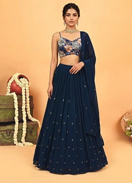 Blue Georgette Resham Sequins Hand Embroidered Lehenga