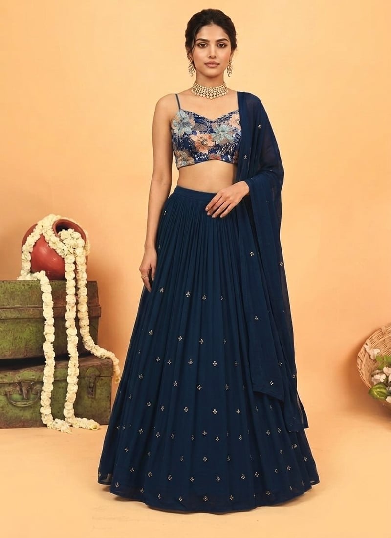 Blue Georgette Resham Sequins Hand Embroidered Lehenga Wedding Wear