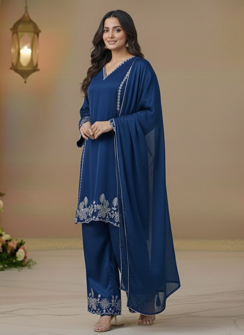 Blue Georgette Resham Straight Pant Suit Festive Wear