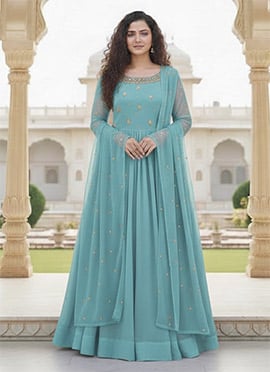 Blue Georgette Sequins Beads A Line Anarkali Suit