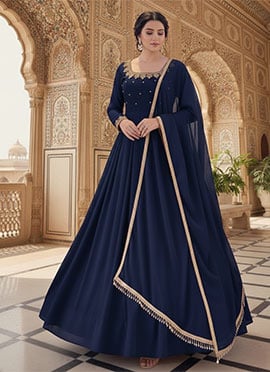 Blue Georgette Sequins Beads Work A Line Anarkali Suit