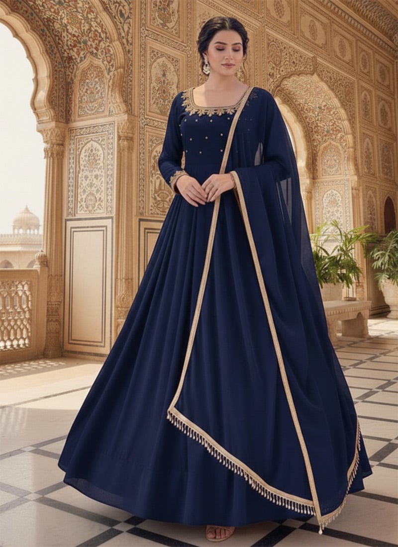 Blue Georgette Sequins Beads Work A Line Anarkali Suit Wedding Wear