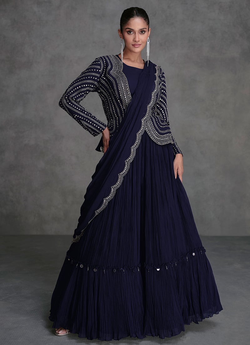 Blue Georgette Sequins Embroidered Beads Elegant Indowestern Skirt Set