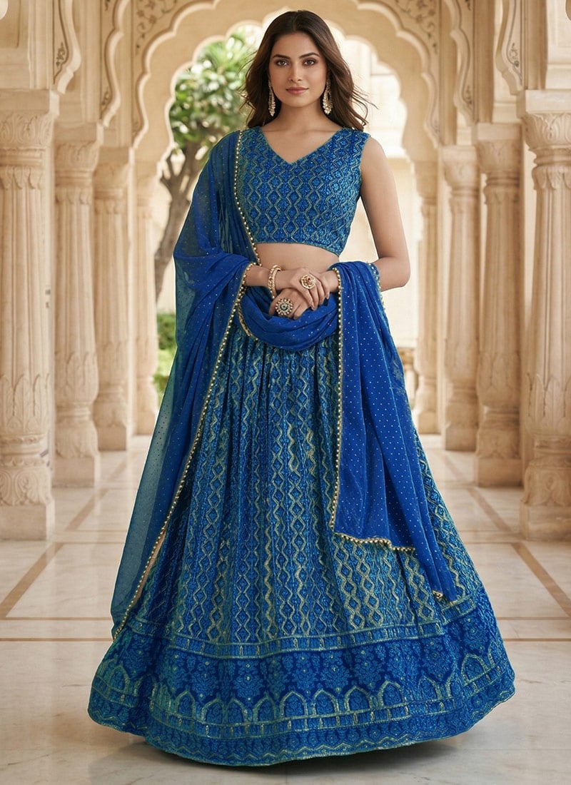 Blue Georgette Sequins Embroidered Lehenga Wedding Wear