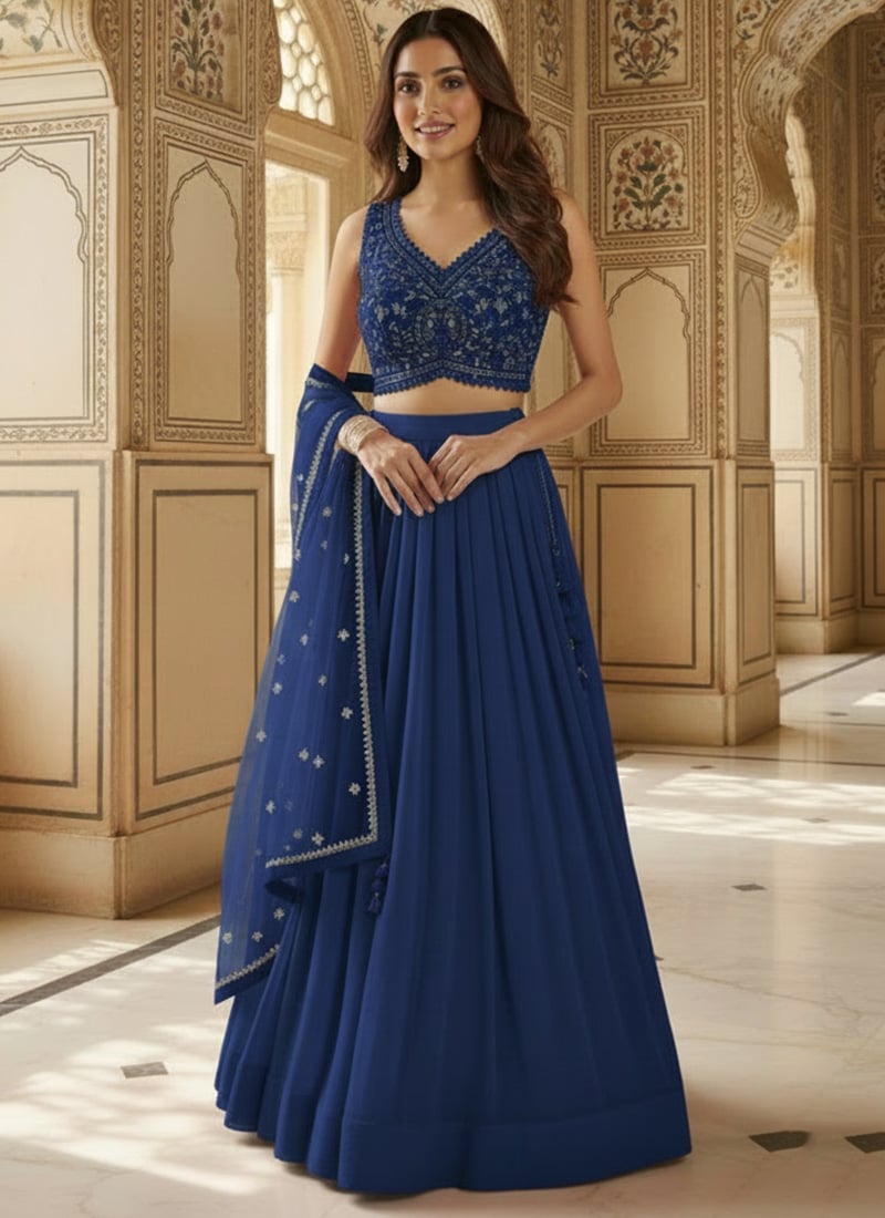Blue Georgette Sequins Hand Embroidered Lehenga Wedding Wear