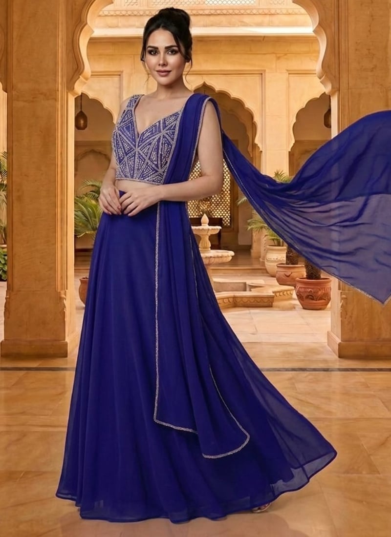 Blue Georgette Sequins Hand Embroidered Lehenga Wedding Wear